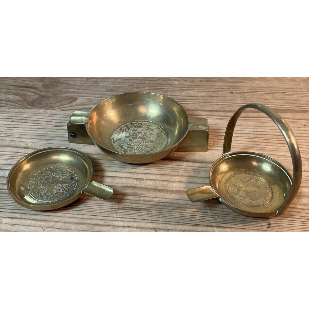 VTG Brass Ashtray Marked China LOT OF 3 Engraved Mid-Century Round Flower